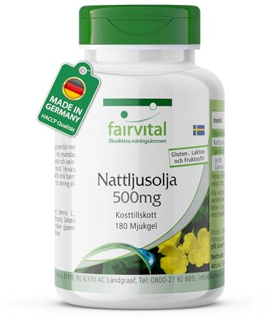 fairvital, nattljusolja 500mg, 180 softgels, 1000mg per dag, med vitamin E, linolsyra, kvalitetskontrollerad och högdoserad, tillverkad i Tyskland