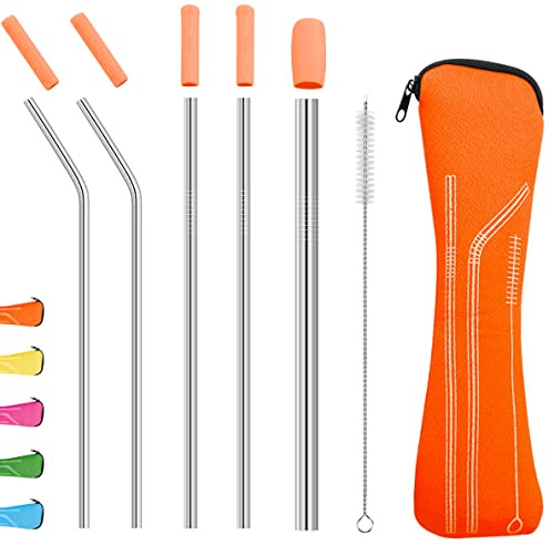 Reusable Metal Straw Set with Silicone Headgear, Cleaning Brush and Storage Bag, Suitable for Smoothies and hot and Cold Beverages, Food Grade Stainless Steel Straws for Children and Adults