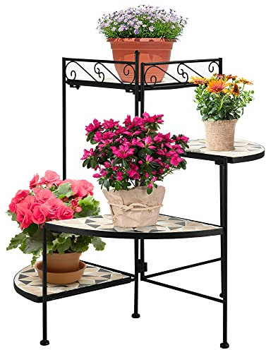 Outsunny Blumenständer 4-Stufe-Blumentreppe faltbar dekorative für Innen und Außen Garten Balkon Metall Keramikfliesen Schwarz+Beige 64 x 64 x 72 cm