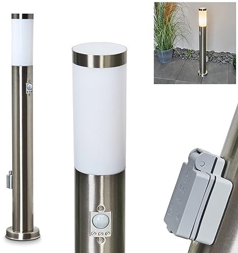 Außenwegeleuchte Sessa mit Bewegungsmelder, moderne Sockelleuchte aus Metall/Kunststoff in Nickel-matt/Weiß, Wegeleuchte 80 cm, Gartenlampe m. E27, Gartenbeleuchtung IP44, ohne Leuchtmittel