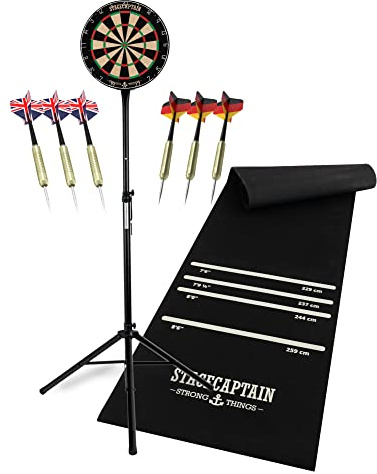 Stagecaptain DBS-1715 Bullseye Pro darttavla komplett set – professionell stjärnskiva av sisal – dartmatta av gummi – höjdjusterbart stativ – 6 dartpilar och 4 uppsättningar flygningar – svart
