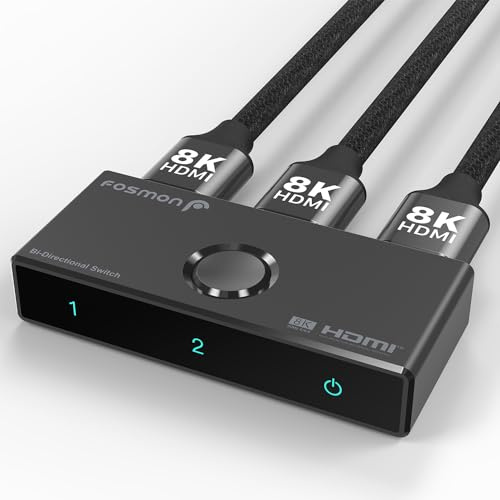 Fosmon 8K HDMI Switch Dubbelriktad Splitter för Skärmar - 2 Portar | Kompatibel med PS5, Xbox, Apple TV, och PC. HDMI 2.1 Switcher 48Gbps 2 in 1 ut eller 1 in 2 ut Stöder HDR10+ HDCP 2.3