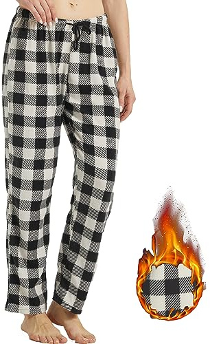 LANBAOSI 1-2 Pack Pyjamas Bottoms for Women Fuzzy Long Fleece Buffalo Plaid Soft Pj Pants Soft Drawstring Lounge Sleepwear Bottoms Grey
