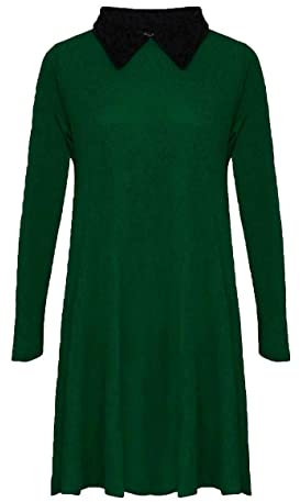 REAL LIFE FASHION LTD Robe trapèze à manches longues et col claudine pour femme, robe mi-longue, pour Halloween, Noël, soirée, fête, grande taille 36-54, vert bouteille, 44-46