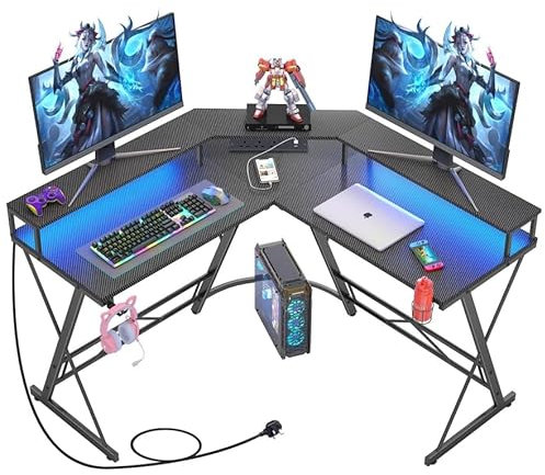 Yornoli Gaming Desk with Led Lights&Power Outlet 127cm L Shaped Computer Corner Desk with Cup Holder&Headphone Hook Home Office Desks with Large Monitor Stand Graphite Black