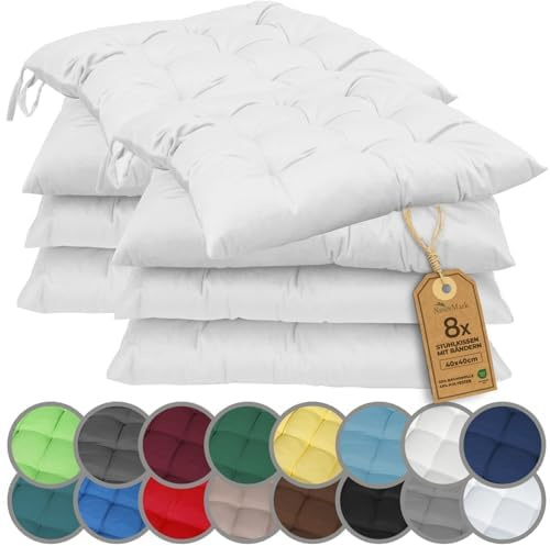 NatureMark 8er Set Stuhlkissen mit Bändern 40x40 cm – Gefüllte Sitzkissen, Outdoor & Indoor – Natur/Crème