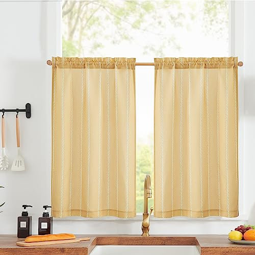 Vangao - Tendine a strisce, tendine da cucina, in lino, colore giallo, moderne, set da 2 pezzi, 65 x 60 cm (larghezza x altezza), stile rustico, con asta, tendine corte, trasparenti alla luce, per