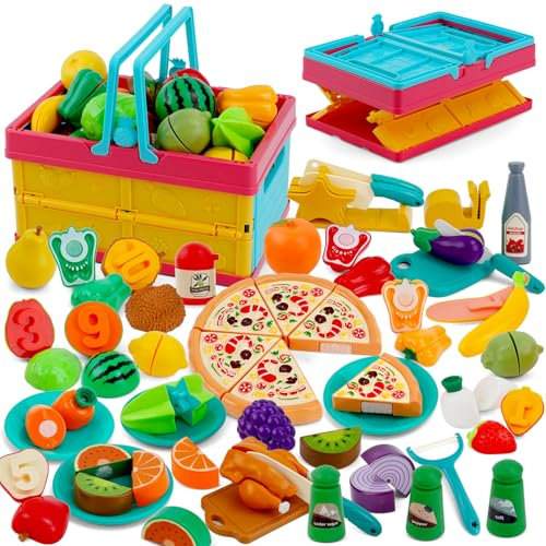 Accessoires De Cuisine pour Enfants, 77 PièCes, Jouets De Cuisine, Coupe De Fruits, LéGumes, Nourriture avec Connexion pour Enfants, Jouet d'apprentissage, Jeu De RôLe Jouet éDucatif Cadeau 3+