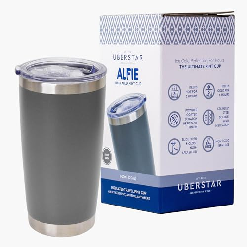 UBERSTAR Alfie Isolierflasche aus Edelstahl, für heiße oder kalte Getränke, 600 ml, Becher mit Deckel, für Bier, Apfelwein, Wasser, Kaffee (grau)
