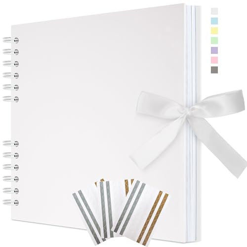 Remowith 29 x 21,5 cm Scrapbook-Album mit Band, Bastelpapier Fotoalbum für Hochzeit und Jubiläum, Familien DIY Fotoalbum mit Eckenaufklebern 100 Seiten Weiß
