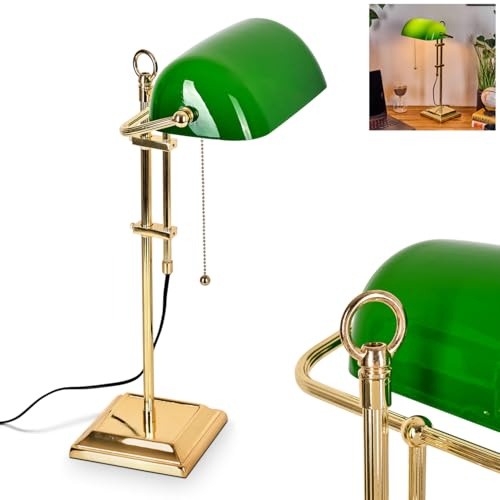 HOFSTEIN Tischleuchte Tremoceira, Tischlampe aus Metall/Glas in Messing/Grün/Weiß, traditionelle Bankerlampe, Schreibtischlampe für Büros im Retro/Vintage-Design mit Zugnschnur, Höhe 56 cm, 1 x E27
