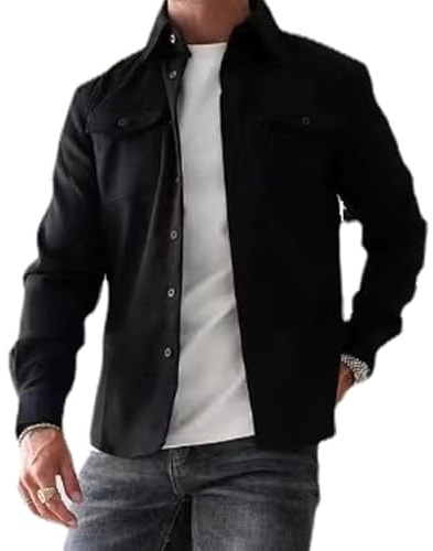 Chaqueta con botones para hombre, camisa casual elegante para hombre, tops retro, camisa gruesa de color sólido, chaqueta de ajuste delgado para trabajo, Negro, XL