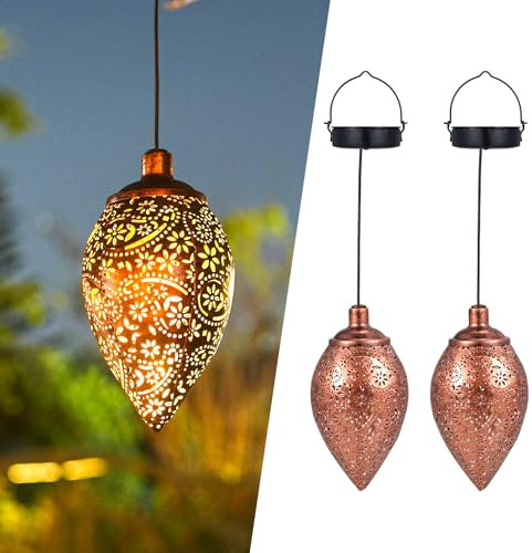 Görvitor Solarlaterne für Außen 2 Stück, Metall Solar Laternen für Draußen Wasserdicht IP65, Warmweiß Paisley Solarlampen für Außen Gartendeko Hängend für Balkon Garten (Olivenform)