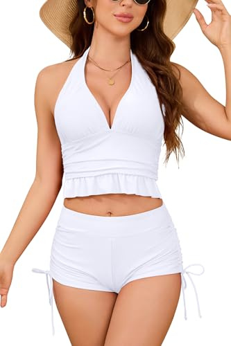 SHEKINI Donna Halter Deep V Bikini Top Cordo da Nuoto Shorts Due Pezzi Abiti da Bagno in Vita Alta con Ragazzo Corto, Bianco, M
