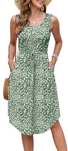 AUSELILY Abiti Estivi Donna Senza Maniche con Coulisse Abito da Spiaggia Girocollo Lunghezza al Ginocchio Vestitino Midi Elegante Abito Casual con Tasche Foglia Verde Oliva M