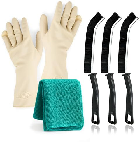 Cepillo para Limpiar Juntas - Kit Completo de Limpieza Hogar Cocina y Baño - Incluye 3 Cepillos de Limpieza de Juntas - Bayeta de Microfibra y Guantes de Latex