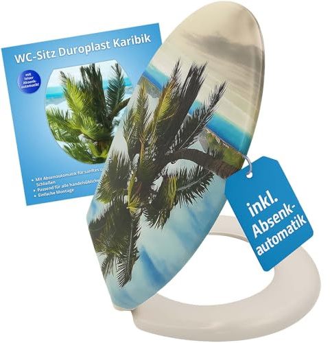 BURI WC Sitz mit Absenkautomatik, Toilettendeckel mit Motiv Palme, Klobrille Softclose, O-Form, Toilettensitz mit Befestigung, langlebiger Kunststoff, Universal Klodeckel, Duroplast Karibik Design
