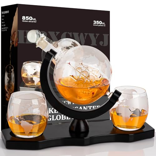 Gifts for Men Dad Husband, Whiskey Decanter Globe Set with 2 Glasses & Walnut Tray-Great Gift Idea for Whisky, Bourbon,or Scotch lovers, Must-Have Holiday Stocking Fillers