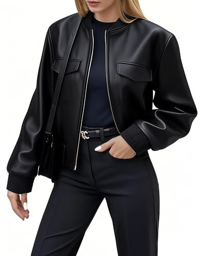 Ommiivex Black Women Leather Jacket Faux Cropped Bomber Coat 2025 Fall Winter 2026 Spring Outfit Fashion 2025 lady Clothes Fake Suede Sherpa Motorcycle Biker Moto Racer Aviator Lady Short Lightweight