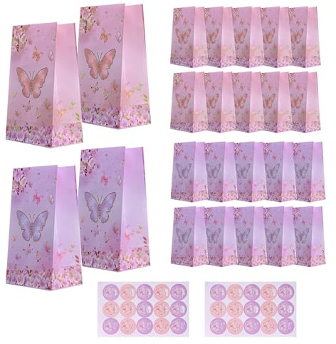 24 Pezzi Sacchetti di Carta, Sacchetti Regalo di Farfalla 13 x 8 x 22 cm, Buste Regalo con 2 Adesivi, Sacchetti Compleanno Bambini, Buste Regalo per Confezionare Regali, Natale, Matrimoni, Festa