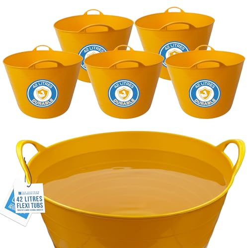 42L Yellow Flexi Tub - Multi-purpose Garden Tubs with Handles - Builders Buckets Heavy Duty - Ideal Plastic Bucket & Flexi Bucket - Durable Flexible Plastic Baskets (PACK OF 5)