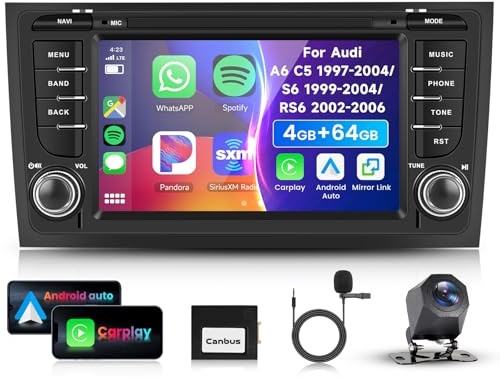 4G/64G VECHTEL 7 Bilradio Bluetooth för Audi A6 C5 1997-2004 S6 1999-2004 RS6 2002-2006, Carplay Android Auto, DSP, EQ, WiFi GPS, Mirrorlink, RDS/FM Radio 2 Din Con övervakningskamera Ahd
