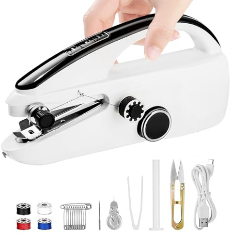 Mini machine à coudre manuelle TECKZOON, Machine portable avec poignée ergonomique 2 modes d’alimentation kit complet pour débutants DIY et réparations d’urgence de vêtements
