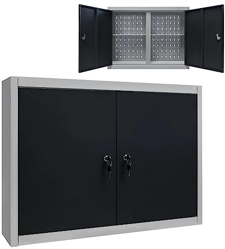 Mokuyary Armoire à Outils Murale Style Industriel Métal Gris et noir, Armoire d'atelier Suspendue avec Portes et 2 Étagères Réglable, Verrouillable, Étagère de Rangement pour Atelier, Garage