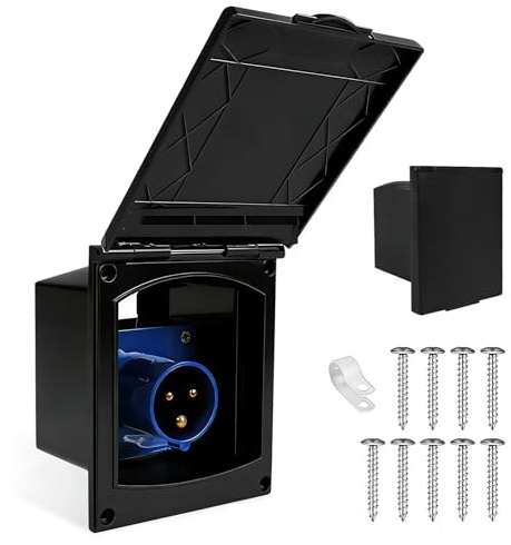 BORDEAG CEE Steckdosem, Camping CEE-Einspeisungsstecker 16A, IP44, 220V-240V Caravan Steckdose Mit Klappdeckel, Anbau-Stecker, Wohnwagen Steckdose Aussen Für Wohnmobil, Wohnwagen (schwarz)