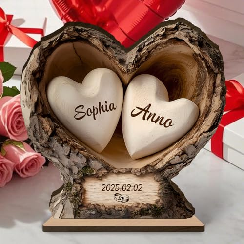 Decorazione Cuore in Legno Personalizzata con Nomi e Data - Regalo Romantico per Coppie Matrimonio Anniversario San Valentino (Style 1)