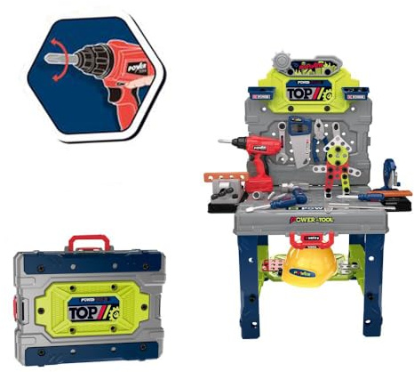 W Toy Banco da Lavoro per Bambini con 133 Pezzi, Trapano Funzionante, Casco di Sicurezza, Valigetta Portatile, Set Attrezzi Giocattolo
