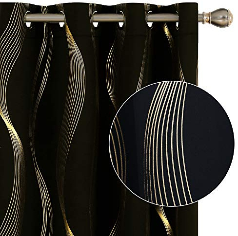 Deconovo Super Soft Gold Wave Line Foil Printed Thermal Insulated Window Treatment Eyelet Blackout Curtains for Nursery 52x84 Inch Black 2 Panels