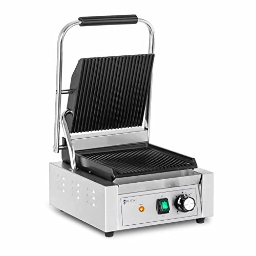 Royal Catering RCPKG-1800-R Machine À Panini Appareil Toaster Presse RCPKG-1800-R (1 800 W, Rainurée, 50 - 300 °C, Avec Collecteur de graisse, Inox/fonte de fer)