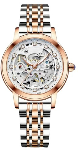 RORIOS Damen Uhren Wasserdicht Mechanische Automatikuhr mit Lederarmband Skeleton Tourbillon Uhren Mode Leuchtendes Uhren für Mädchen Frauen