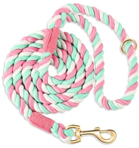 NUGUTIC Dog Leash 5 FT Handmade Braided Cotton Rope Leashes for Small Medium and Large Dogs, New Golden Heavy Duty Metal Clasp, Cherry Blossom Pink