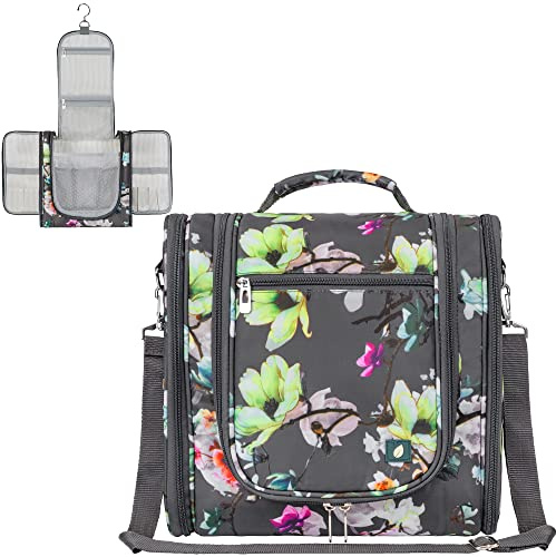 PAVILIA Extra Large Toiletry Bag Travel Bag for Women Men, Hanging Cosmetic Organizer, Water Resistant Makeup Bag for Accessories Toiletries, Travel Essentials Kit (Floral Grey)