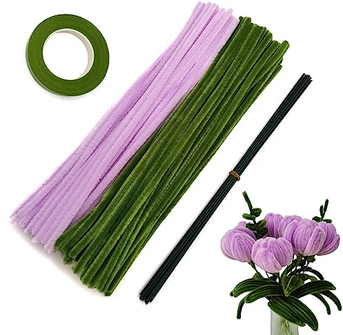 Cldamecy 200 pcs Purple OliveGreen Pipe Cleaners Set with Floral Wires & Gardening Tape, Chenille Stems Pipecleaners for Tulip Bouquet Making,Kids DIY Craft Projects and Decorations