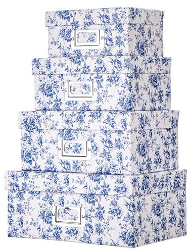Hollyone Blue & White Gift Boxes with Lids, Cardboard Jewelry Boxes Rectangle Storage Box, Set of 4 Nesting Assorted Sizes Packaging Boxes for Presents, Flowers, Gift Wrap, Birthday, Party, Jewellery