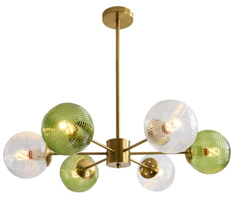 KCO Belysning klar glob hängande lampa 6 lampor bubbla glas ljuskrona taklampa fixtur mitten av århundradet modern grön ljuskrona ribbad infälld montering ljus borstad mässing ljuskrona, L1161-6