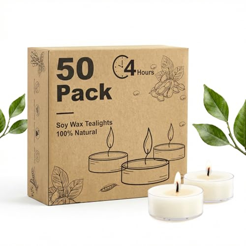 Hypmis Velas de Té de Cera de Soja, 50 Unidades, 4 Horas de Combustión, Sin Perfume y Sin Humo, Blancas con Cápsula Acrílica para Decoración y Bodas