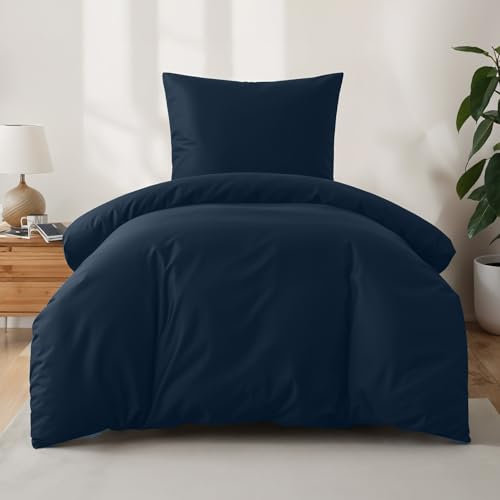 Dreamzie Bettwäsche 135x200 Baumwolle - Dunkelblau - Bettbezug 135x200 und Kissenbezug 80x80 cm - Oeko-Tex Zertifiziert - Bettwäsche-Sets 2teilig