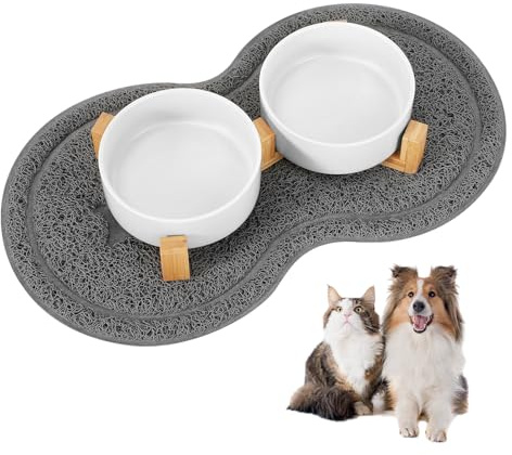 Vexillic Gamelle pour Chien, 400ML 2 Pièces Gamelle Chien Chat Surelevee Céramique avec Support en Bambou et Tapis Antidérapants pour Chiens de Petite et Moyenne Taille (Blanc)