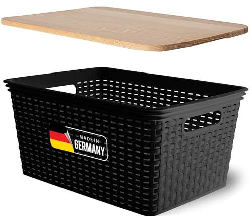 Novaliv Aufbewahrungsbox mit Holzdeckel Groß 14L Korb Schwarz in Rattan Design Lebensmittelecht Aufbewahrungskorb Stapelbox Nestbar Kunststoff BPA-frei Kiste Verstaubbox mit Deckel