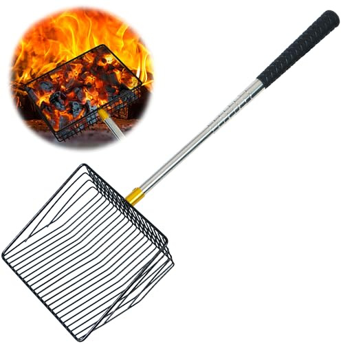 Hollow Out Fireplace Shovel Black Metal Coal Shovel Fireplace Ash Sifter Scalable Stainless Steel Handle with Silicone Protector to Prevent Burns, Fireplace Tools for Woodstove to Separate Coals