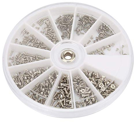 Kit di Assortimento di Viti Piccole M1.0 M1.2 M1.4 M1.6 600 Pezzi con Set di Viti a Testa Piatta a Croce in Acciaio Inossidabile a Scatola Rotonda per Occhiali
