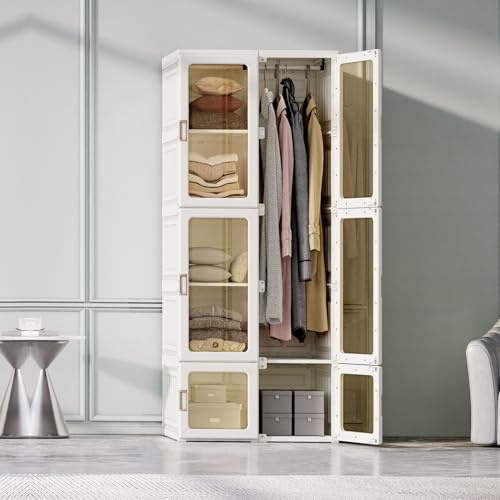 Teahutty Armadio pieghevole portatile per camera da letto, 170 cm, organizer in plastica con porta magnetica trasparente, 10 scomparti, 6 ante e 1 asta per appendere il soggiorno, la camera da letto,