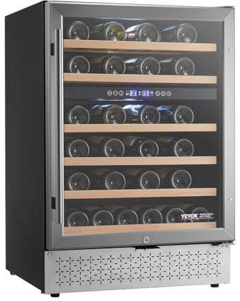 VEVOR Wine Cooler, 46 Bottle Dual Zone Wine Fridge, Built-in & Freestanding Fridge with Glass Door, Adjustable Shelves, Digital Temperature Control, Wine Cooler Refrigerator for Home, Office, Bar