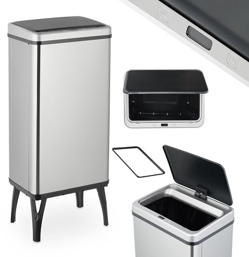 Relaxdays Cestino Automatico Spazzatura, Pattumiera Cucina 50 L, Coperchio Sensore Elettrico, Anello Buste, Acciaio Inox, Plastica