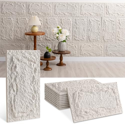 10 Piezas Paneles de Pared 3D con Aspecto de Piedra, 45 x 25cm PVC Paneles Decorativos para Pared interiores y exterior, Paneles Acústicos 3D, Revestimiento de Pared (Blanco)