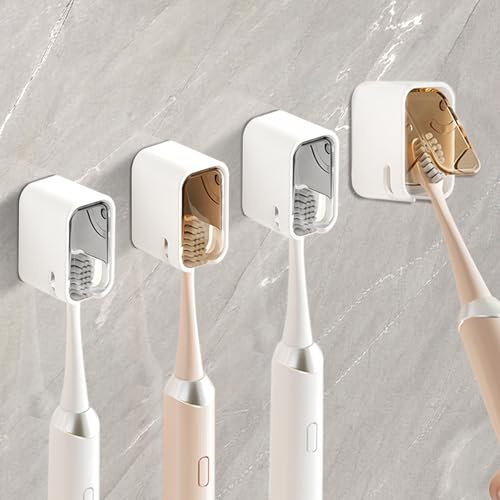 4pcs Toothbrush Holders Wall Mounted with Cover, Self Adhesive Tooth Brush Holder, Toothbrush Holders for Bathroom, Toothbrush Heads Organizer for Bathroom, Kdis, Adults (4)